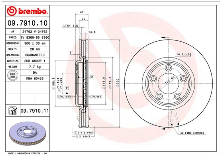 Brembo Brake Rotor, Vented, One Piece Design, Wheel Bolt Pattern 5 X 107.95 Millimeter – 09791011C02