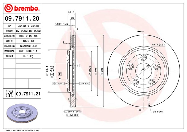 Brembo Brake Rotor, Vented, One Piece Design, Wheel Bolt Pattern 5 X 107.95 Millimeter – 09791121C02