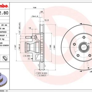 Brembo Brake Rotor, Vented, One Piece Design, Wheel Bolt Pattern 5 X 114.3 Millimeter – 09803280C02