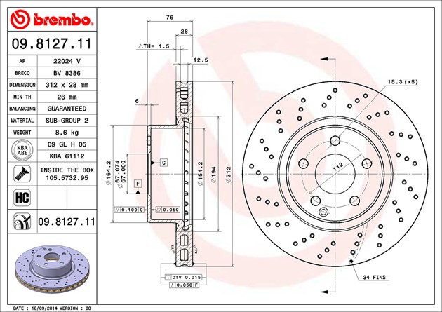 Brembo Brake Rotor, Vented Cross Drilled, One Piece Design, Wheel Bolt Pattern 5 X 112 Millimeter – 09812711C02