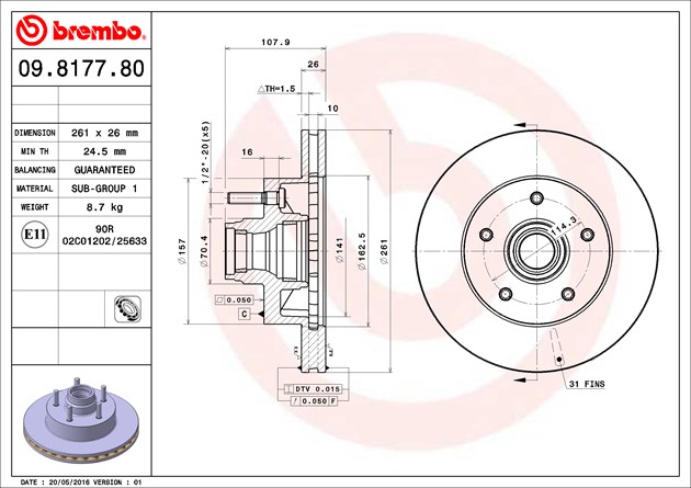 Brembo Brake Rotor, Vented, One Piece Design, Wheel Bolt Pattern 5 X 114.3 Millimeter – 09817780C02