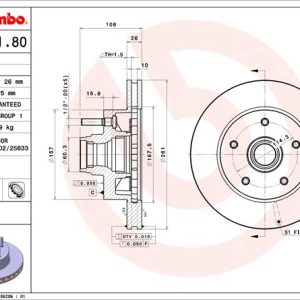 Brembo Brake Rotor, Vented, One Piece Design, Wheel Bolt Pattern 5 X 114.3 Millimeter – 09819180C02
