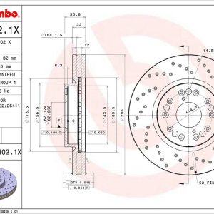 Brembo Brake Rotor, Xtra, Vented Cross Drilled, One Piece Design, Wheel Bolt Pattern 5 X 114.3 Millimeter – 0984021XC02