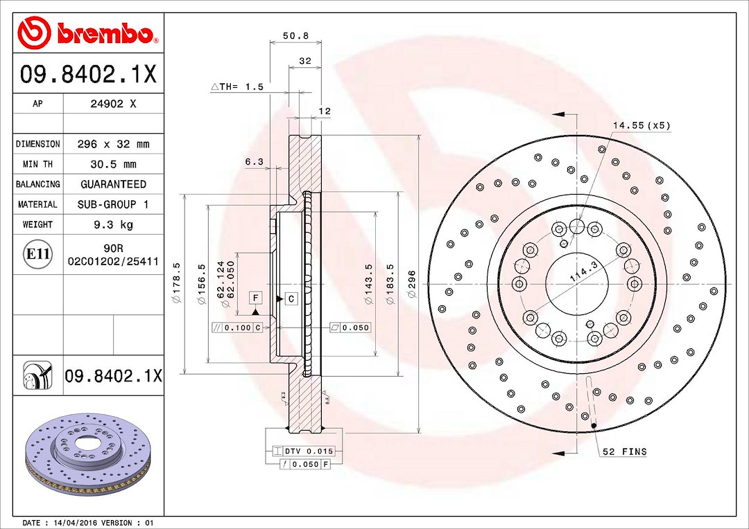 Brembo Brake Rotor, Xtra, Vented Cross Drilled, One Piece Design, Wheel Bolt Pattern 5 X 114.3 Millimeter – 0984021XC02