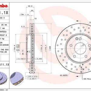 Brembo Brake Rotor, Xtra, Vented Cross Drilled, One Piece Design, Wheel Bolt Pattern 5 X 112 Millimeter – 0984111XC02
