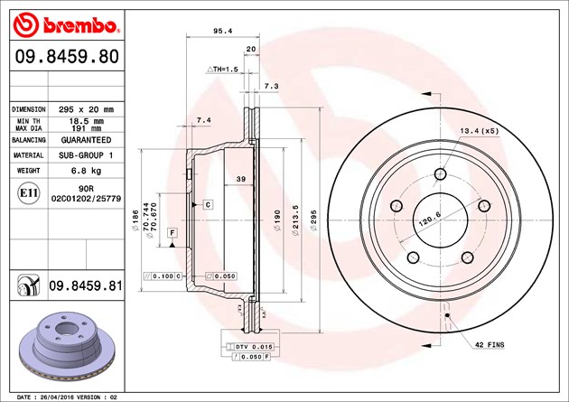 Brembo Brake Rotor, Vented, One Piece Design, Wheel Bolt Pattern 5 X 129.6 Millimeter – 09845981C02