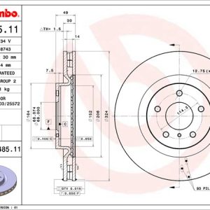 Brembo Brake Rotor, Vented, One Piece Design, Wheel Bolt Pattern 5 X 114.3 Millimeter – 09848511C02