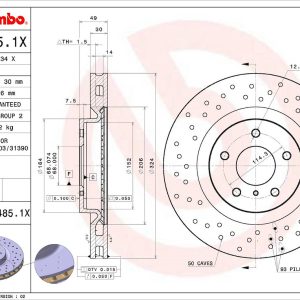 Brembo Brake Rotor, Xtra, Vented Cross Drilled, One Piece Design, Wheel Bolt Pattern 5 X 114.3 Millimeter – 0984851XC02
