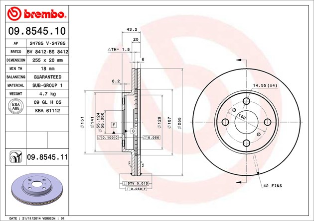 Brembo Brake Rotor, Vented, One Piece Design, Wheel Bolt Pattern 4 X 100 Millimeter – 09854511C02