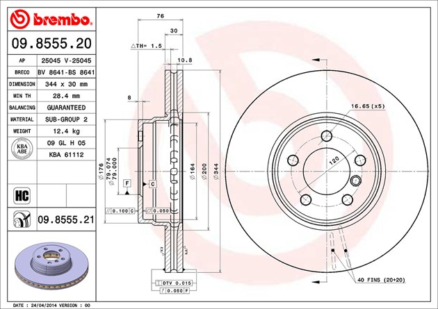 Brembo Brake Rotor, Vented, One Piece Design, Wheel Bolt Pattern 5 X 120 Millimeter – 09855521C02