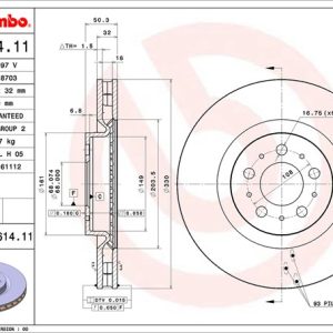 Brembo Brake Rotor, Vented, One Piece Design, Wheel Bolt Pattern 5 X 108 Millimeter – 09861411C02