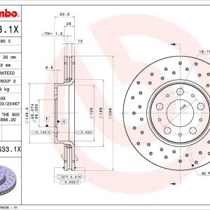 Brembo Brake Rotor, Xtra, Vented Cross Drilled, One Piece Design, Wheel Bolt Pattern 5 X 108 Millimeter – 0986331XC02