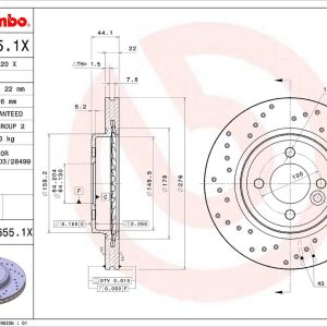 Brembo Brake Rotor, Xtra, Vented Cross Drilled, One Piece Design, Wheel Bolt Pattern 4 X 100 Millimeter – 0986551XC02