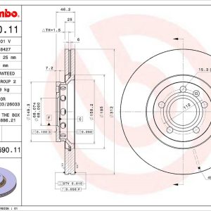 Brembo Brake Rotor, Vented, One Piece Design, Wheel Bolt Pattern 5 X 112 Millimeter – 09869011C02