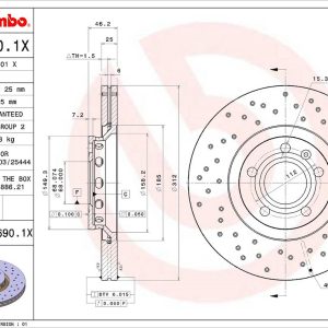 Brembo Brake Rotor, Xtra, Vented Cross Drilled, One Piece Design, Wheel Bolt Pattern 5 X 112 Millimeter – 0986901XC02
