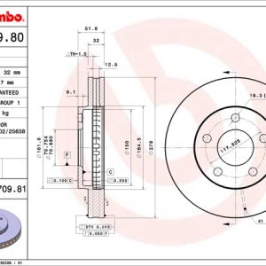 Brembo Brake Rotor, Vented, One Piece Design, Wheel Bolt Pattern 5 X 117.82 Millimeter – 09870981C02