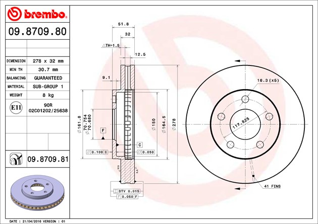 Brembo Brake Rotor, Vented, One Piece Design, Wheel Bolt Pattern 5 X 117.82 Millimeter – 09870981C02