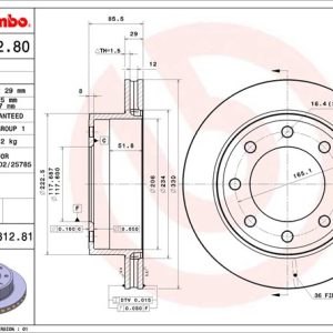 Brembo Brake Rotor, Vented, One Piece Design, Wheel Bolt Pattern 8 X 165.1 Millimeter – 09881281C02