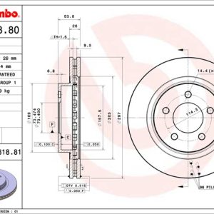 Brembo Brake Rotor, Vented, One Piece Design, Wheel Bolt Pattern 5 X 114.3 Millimeter – 09881881C02