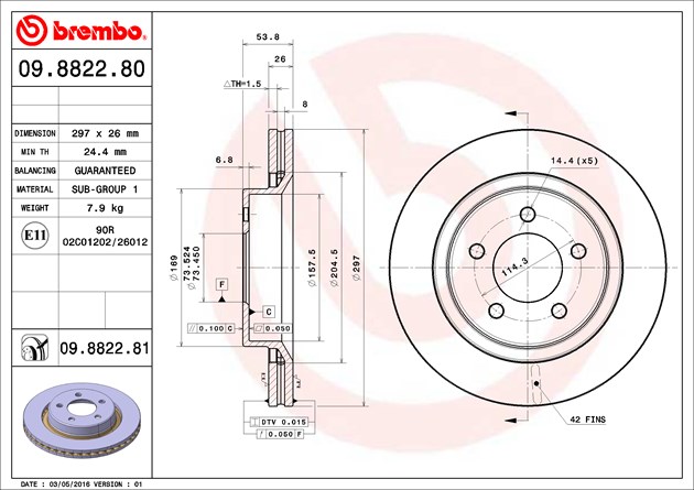 Brembo Brake Rotor, Vented, One Piece Design, Wheel Bolt Pattern 5 X 114.3 Millimeter – 09882281C02