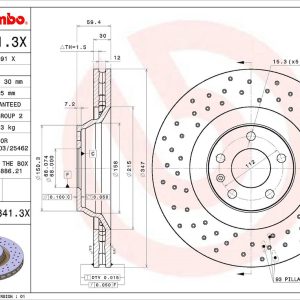 Brembo Brake Rotor, Xtra, Vented Cross Drilled, One Piece Design, Wheel Bolt Pattern 5 X 112 Millimeter – 0988413XC02