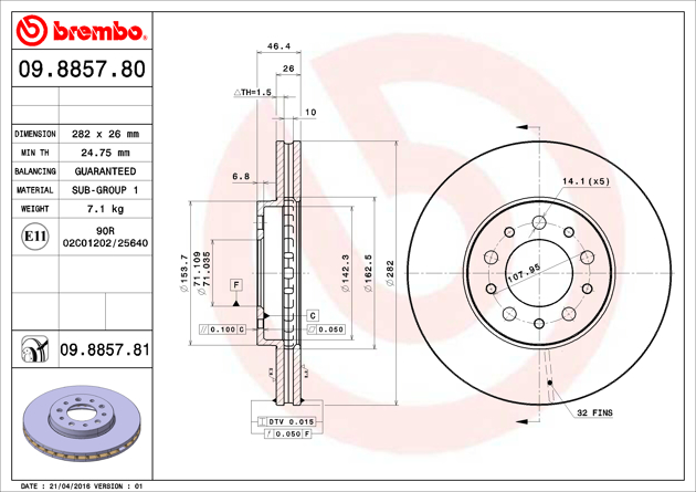 Brembo Brake Rotor, Vented, One Piece Design, Wheel Bolt Pattern 5 X 107.95 Millimeter – 09885781C02