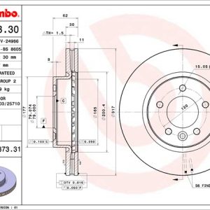 Brembo Brake Rotor, Vented, One Piece Design, Wheel Bolt Pattern 5 X 120 Millimeter – 09887331C02