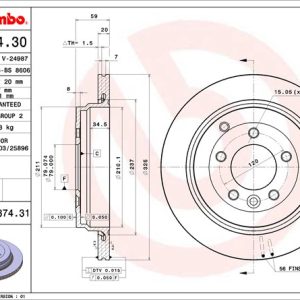 Brembo Brake Rotor, Vented, One Piece Design, Wheel Bolt Pattern 5 X 120 Millimeter – 09887431C02