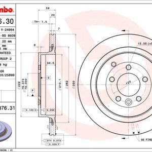 Brembo Brake Rotor, Vented, One Piece Design, Wheel Bolt Pattern 5 X 120 Millimeter – 09887631C02