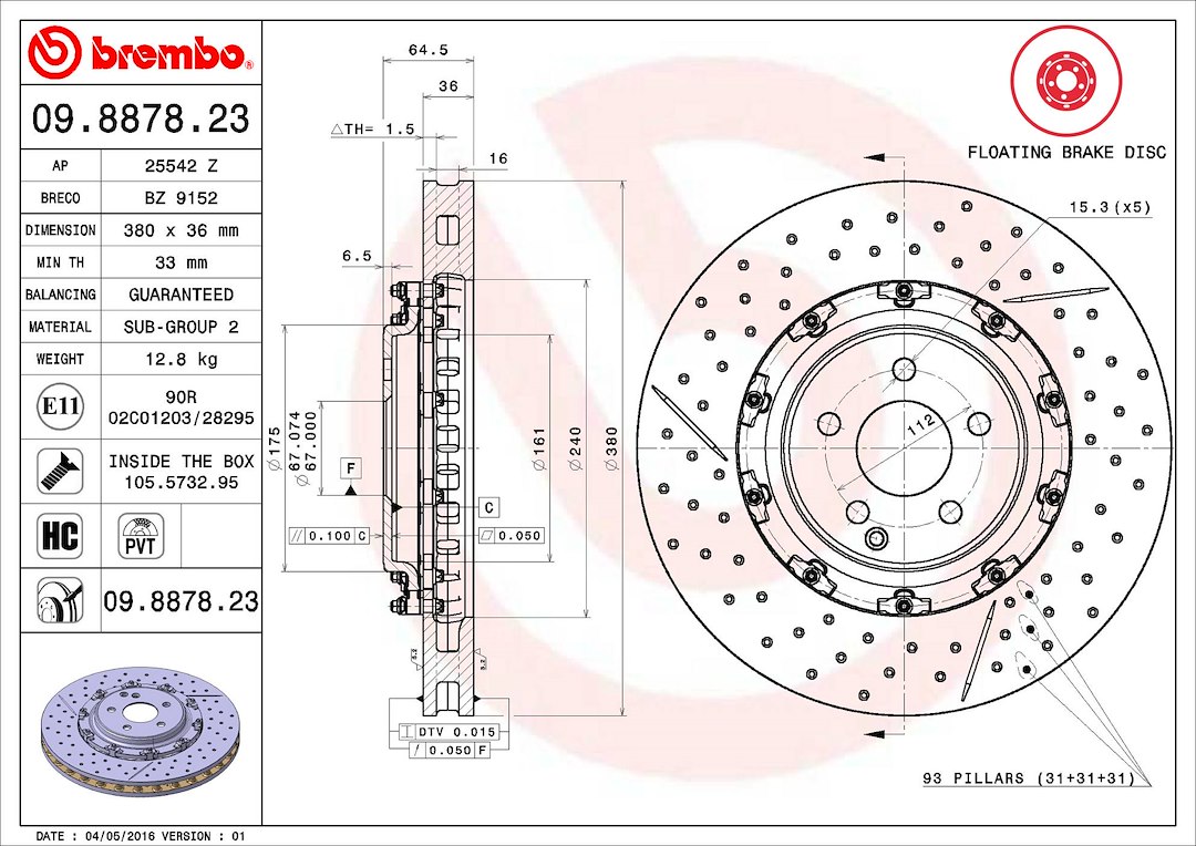 Brembo Brake Rotor, Vented Cross Drilled, One Piece Design, Wheel Bolt Pattern 5 X 112 Millimeter – 09887823C02