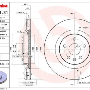 Brembo Brake Rotor, Vented, One Piece Design, Wheel Bolt Pattern 5 X 120 Millimeter – 09890631C02