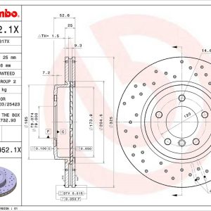 Brembo Brake Rotor, Xtra, Vented Cross Drilled, One Piece Design, Wheel Bolt Pattern 5 X 120 Millimeter – 0989521XC02