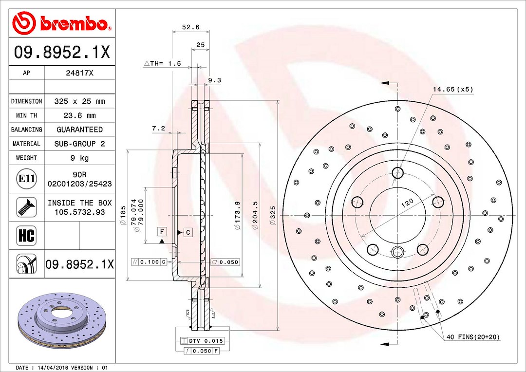 Brembo Brake Rotor, Xtra, Vented Cross Drilled, One Piece Design, Wheel Bolt Pattern 5 X 120 Millimeter – 0989521XC02