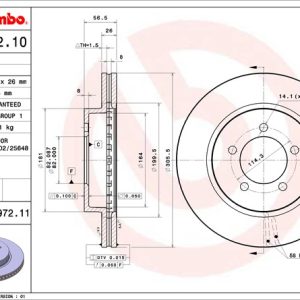 Brembo Brake Rotor, Vented, One Piece Design, Wheel Bolt Pattern 5 X 114.3 Millimeter – 09897211C02