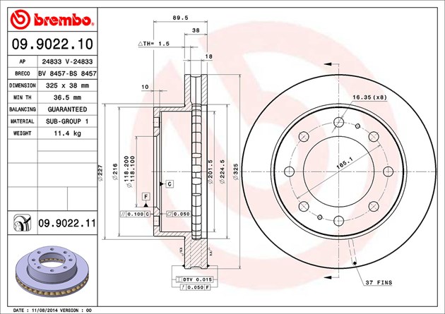 Brembo Brake Rotor, Vented, One Piece Design, Wheel Bolt Pattern 8 X 165.1 Millimeter – 09902211C02