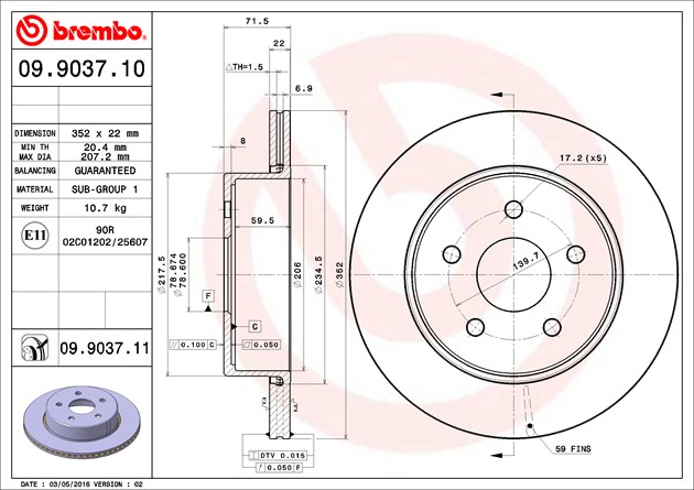 Brembo Brake Rotor, Vented, One Piece Design, Wheel Bolt Pattern 5 X 139.7 Millimeter – 09903711C02