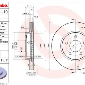 Brembo Brake Rotor, Vented, One Piece Design, Wheel Bolt Pattern 5 X 115 Millimeter – 09911111C02