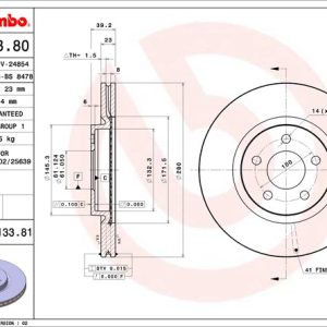 Brembo Brake Rotor, Vented, One Piece Design, Wheel Bolt Pattern 5 X 100 Millimeter – 09913381C02
