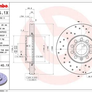 Brembo Brake Rotor, Xtra, Vented Cross Drilled, One Piece Design, Wheel Bolt Pattern 5 X 112 Millimeter – 0991451XC02