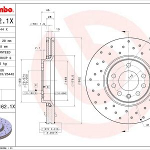 Brembo Brake Rotor, Xtra, Vented Cross Drilled, One Piece Design, Wheel Bolt Pattern 5 X 110 Millimeter – 0991621XC02