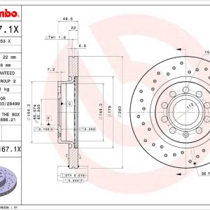Brembo Brake Rotor, Xtra, Vented Cross Drilled, One Piece Design, Wheel Bolt Pattern 5 X 112 Millimeter – 0991671XC02