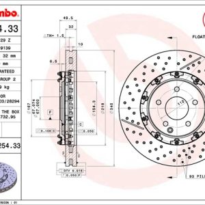 Brembo Brake Rotor, Vented Cross Drilled, One Piece Design, Wheel Bolt Pattern 5 X 112 Millimeter – 09925433C02