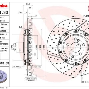 Brembo Brake Rotor, Vented Cross Drilled, One Piece Design, Wheel Bolt Pattern 5 X 112 Millimeter – 09931333C02