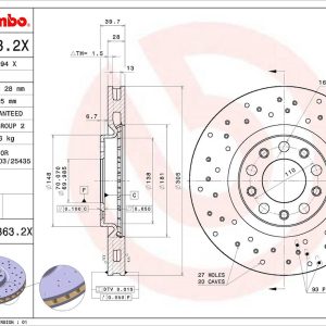 Brembo Brake Rotor, Xtra, Vented Cross Drilled, One Piece Design, Wheel Bolt Pattern 5 X 110 Millimeter – 0993632XC02