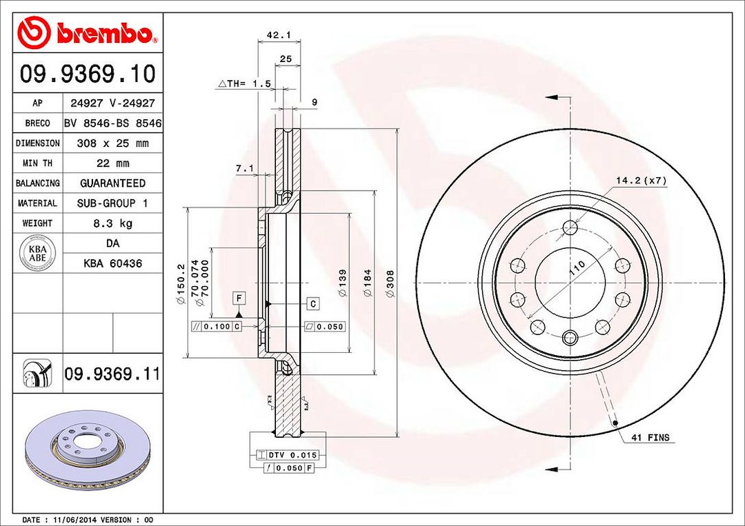 Brembo Brake Rotor, Vented, One Piece Design, Wheel Bolt Pattern 5 X 110 Millimeter – 09936911C02