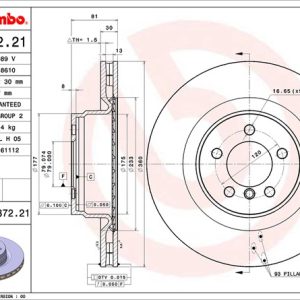 Brembo Brake Rotor, Vented, One Piece Design, Wheel Bolt Pattern 5 X 120 Millimeter – 09937221C02