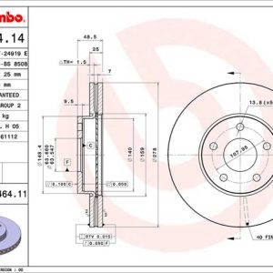 Brembo Brake Rotor, Vented, One Piece Design, Wheel Bolt Pattern 5 X 107.95 Millimeter – 09946411C02