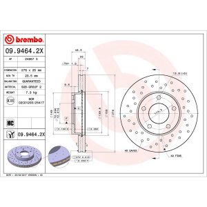 Brembo Brake Rotor, Xtra, Vented Cross Drilled, One Piece Design, Wheel Bolt Pattern 5 X 114.3 Millimeter – 09.9464.2X