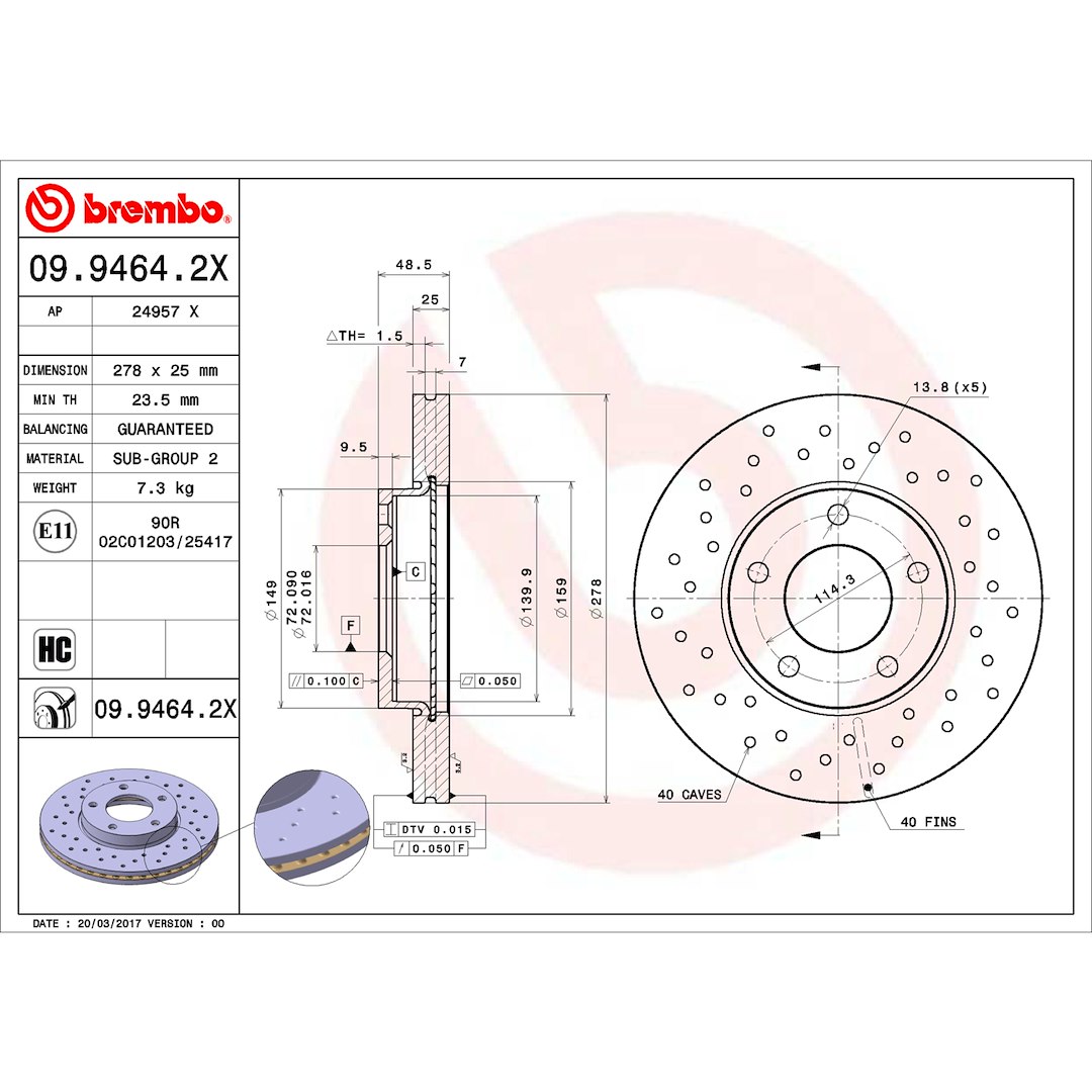 Brembo Brake Rotor, Xtra, Vented Cross Drilled, One Piece Design, Wheel Bolt Pattern 5 X 114.3 Millimeter – 09.9464.2X