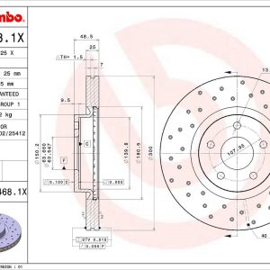 Brembo Brake Rotor, Xtra, Vented Cross Drilled, One Piece Design, Wheel Bolt Pattern 5 X 107.95 Millimeter – 0994681XC02
